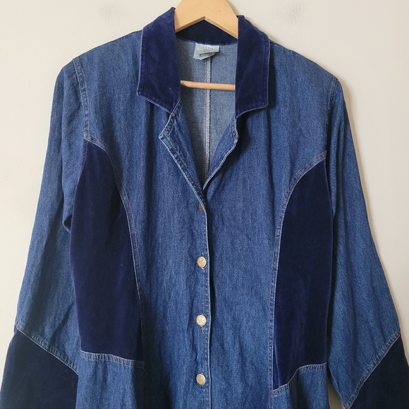 Vintage 90s Western Long Sleeve Denim Velvet Patchwork Maxi Dress Duster Size M - Picture 3 of 11